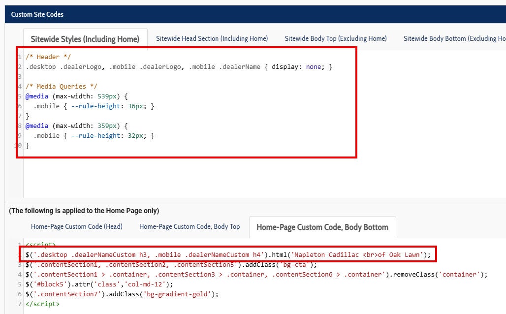 A screenshot showing the required CSS and jQuery to enable dealerNameCustom
